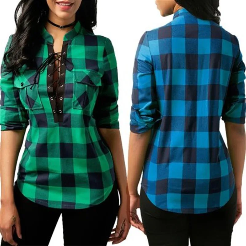

Plus Size Fashion Women Long Sleeve Blouse 2018 Autumn Summer Casual Loose Shirt Ladies Big Size Bandage Plaid Tops Shirt S-5XL