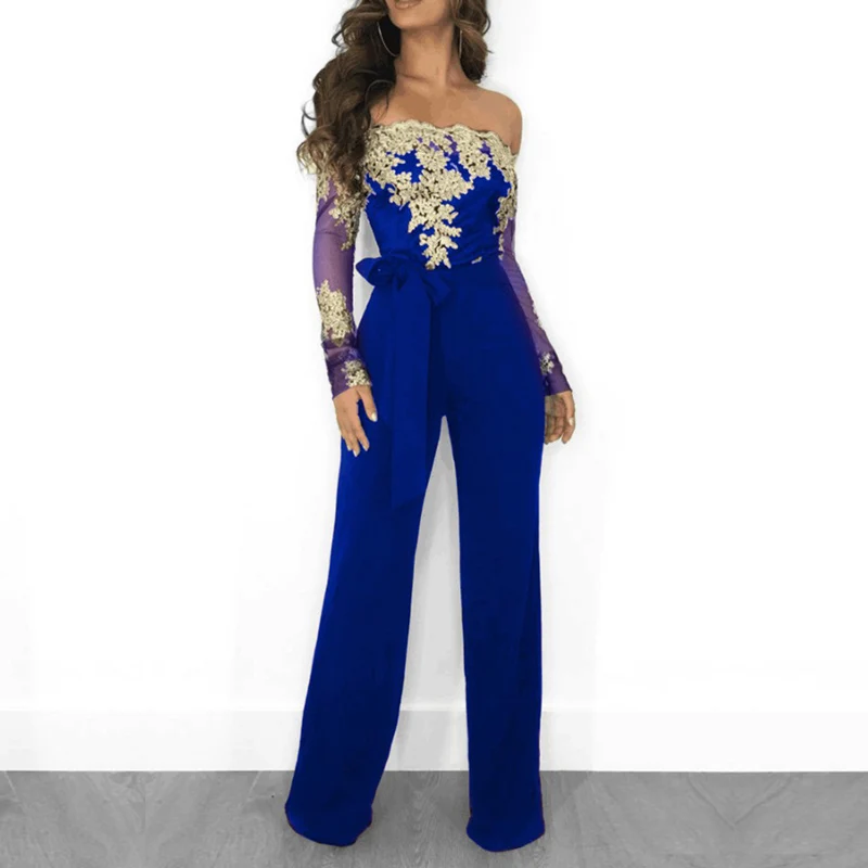 Women Flower Embroidery Off Shoulder Wide Leg Jumpsuit Sexy Bodysuit Lace Patchwork Mesh Party Clothes | Женская одежда