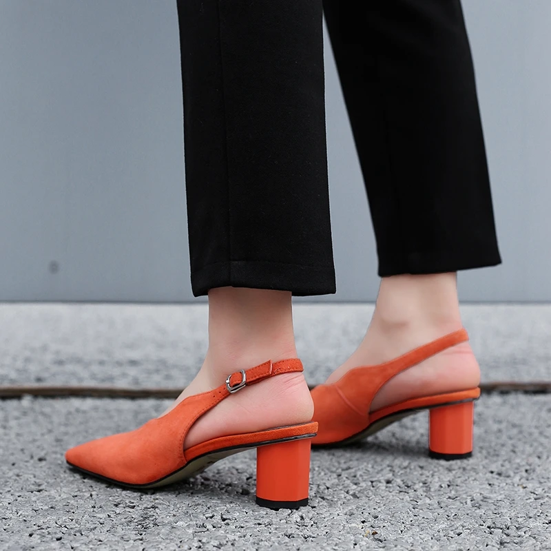 ANNYMOLI/Женская обувь на высоком каблуке; замшевые туфли на высоком толстом каблуке с петлей на пятке; женские туфли-лодочки из натуральной кожи с пряжкой; Размеры 33-43