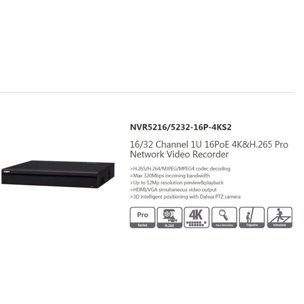 Dahua 4 К nvr5216-16p-4ks2 16ch PoE NVR H.265 ONVIF до 12MP ИК DNR WDR P2P HDMI VGA воспроизведение