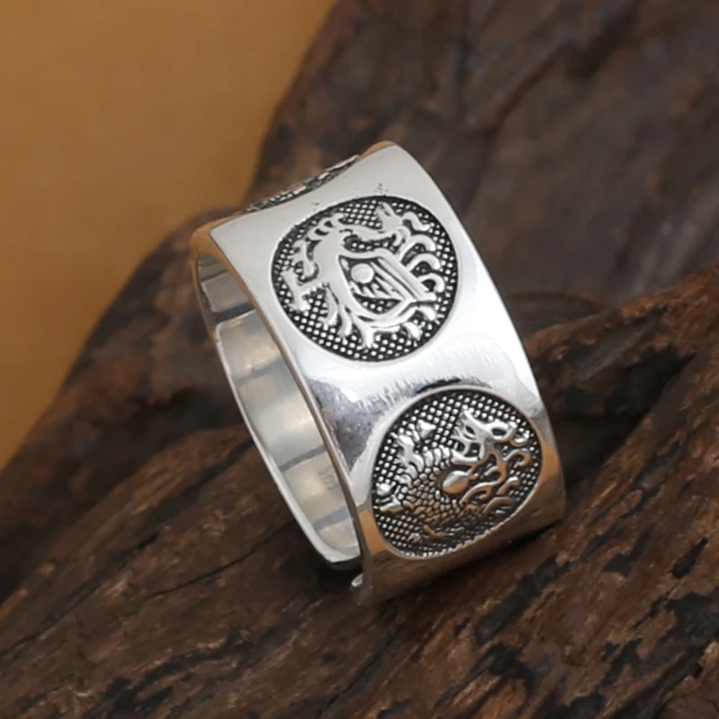 

Handmade 999 Silver Dragon Tiger Ring The Chinese Four Mythic Beasts Ring Pure Silver Adjustable Ring Fengshui Lucky Jewelry