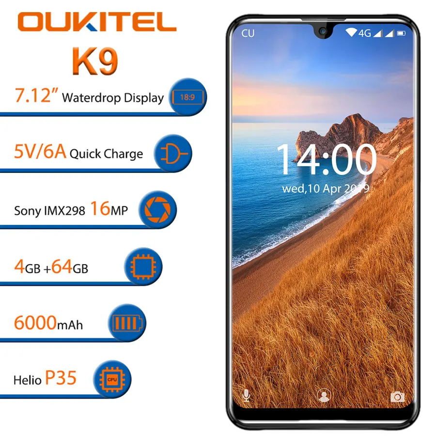 OUKITEL K9 4GB 64GB в виде капли воды 7 12 "FHD + безрамочный экран 1080*2244 6000mAh 5V/6A Quick Charge 16MP
