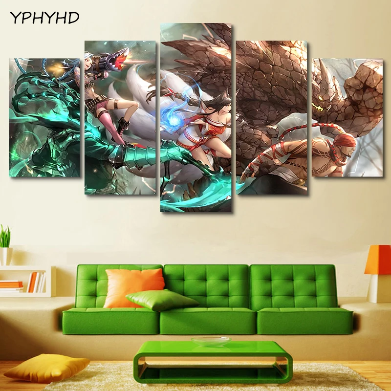 YPHYHD 5 штук Лига Легенд живопись модульная игра плакат Холст Гостиная настенные