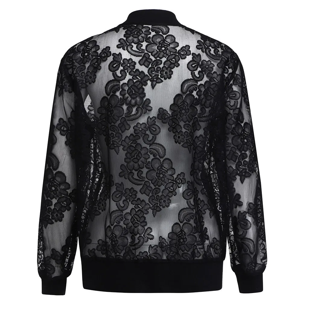 Женская куртка на молнии кружевное Сетчатое пальто с длинным рукавом пикантная