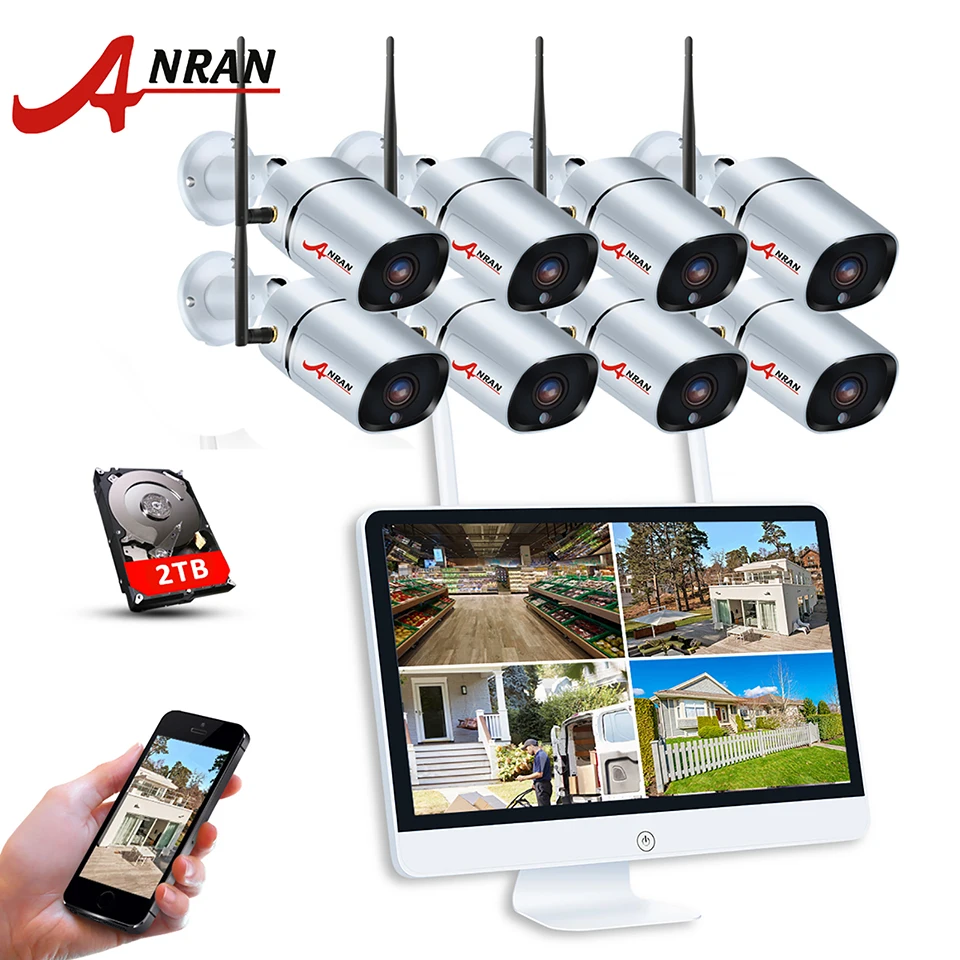 ANRAN P2P 2.0MP 8CH NVR 15 дюймов ЖК-дисплей монитор 1080 P 36IR открытый Водонепроницаемый Видео IP беспроводная камера безопасности Системы 1/2/3 ТБ HDD