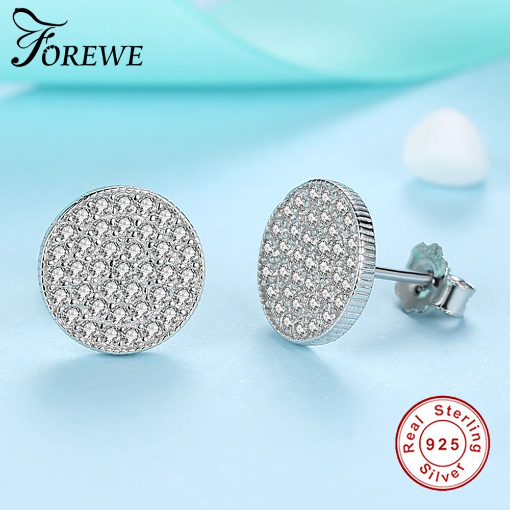 FOREWE Серебро 925 Круглые серьги-шпильки форма с инкрустацией AAA CZ блестящие хрустальные серьги для женщин Свадебные украшения подарок