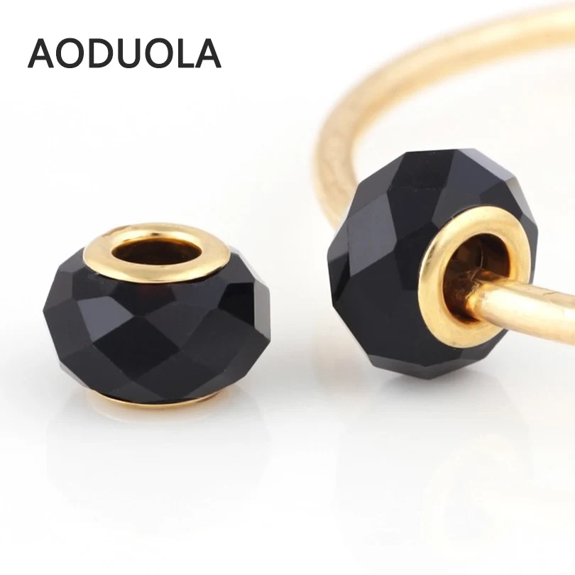 10 Pcs a Lot Gold-Color Black faceted Glass Beads Fit For Pandora Charms Bracelet Round DIY Murano Big Hole Charm | Украшения и