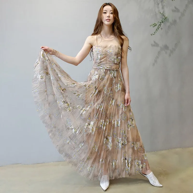 TWOTWINSTYLE Patchwork Print Party Dress For Women Sleeveless High Waist Slim Ankle Length Pleated Dresses Female Summer 2020 | Женская