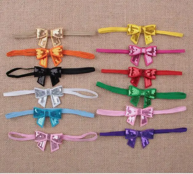 Infantile Girls Sequin Bow Headbands For Kids Solid Elastic Hair Band Large Gold Glitter Accessories YH398 | Детская одежда и