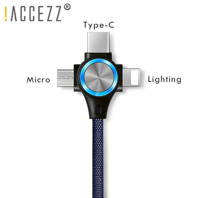 ACCEZZ 3 в 1 USB кабель светодиодный 3 А Быстрая зарядка зарядное устройство для iPhone samsung huawei Xiaomi 8 Pin Micro type C зарядный шнур провод для передачи данных
