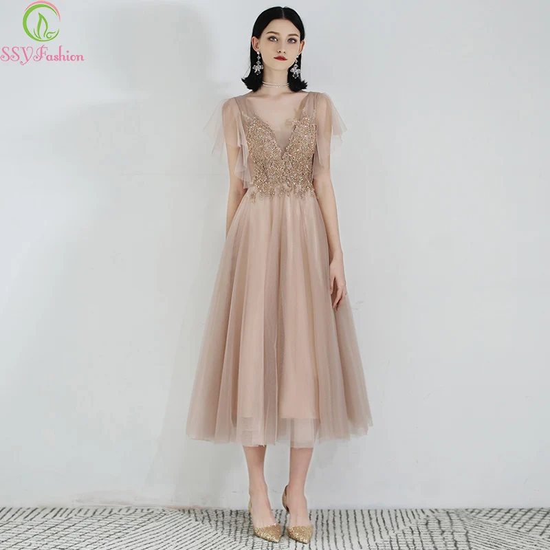 Женское коктейльное платье SSYFashion кружевное бальное до середины икры с V образным