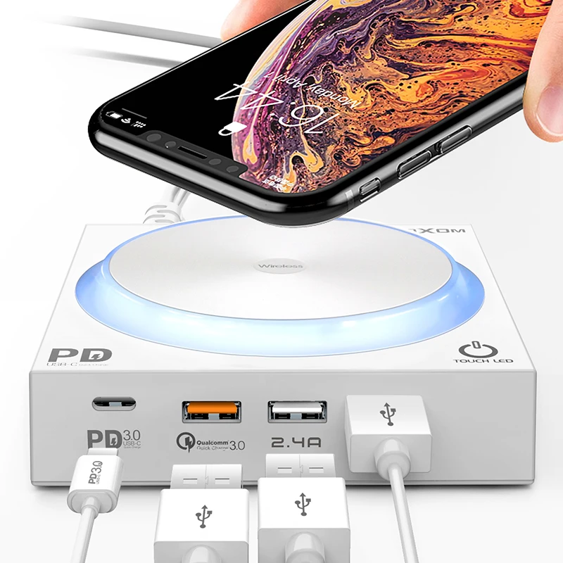 

40W Qi Wireless Charger Dock with LED 4 USB Ports Type C PD Quick Charge 3.0 Fast Charging for iPhone 8 Xs Max Samsung Huawei