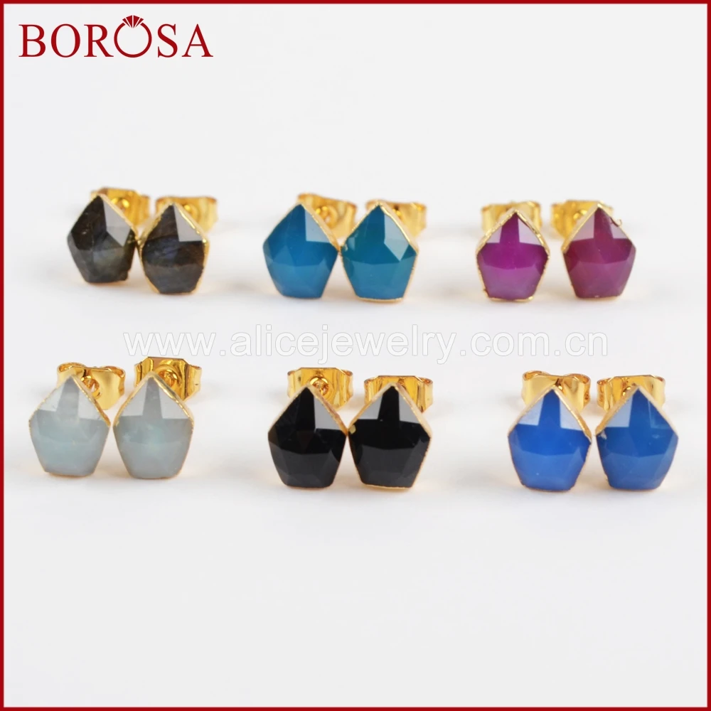 

BOROSA Gold Color Multi-kind Stone Faceted Stud Earrings Druzy for Women, New Arrival Druzy Earrings Gems Jewelry Party G1329