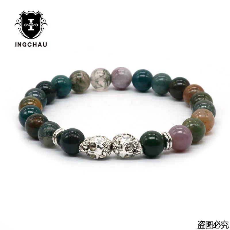 India Onyx Silver Античный Золотой Будда Браслет из головы черепа черный Лава камень скелет бисерные браслеты для мужчин женщин Pulseras Hombre N4-7 - Окраска металла: India Onyx Silver