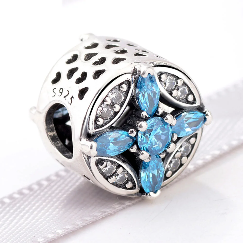 

Authentic 925 Sterling Silver Charm Bead Hollow Blue Flower Crystal Beads For Original Pandora Charm Bracelets & Bangles Jewelry
