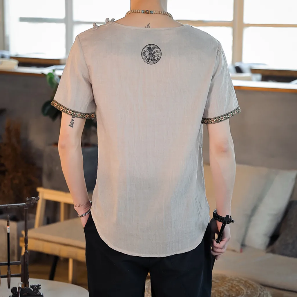 Мужские футболки винтажные топы мешковатая вышивка хлопок лен одноцветная