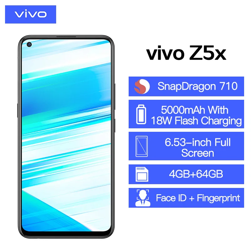 vivo Z5x мобильный телефон 6,5" экран 8G 128G Snapdragon710 16MP камера 5000 мАч батарея 18 Вт зарядка сотовый смартфон