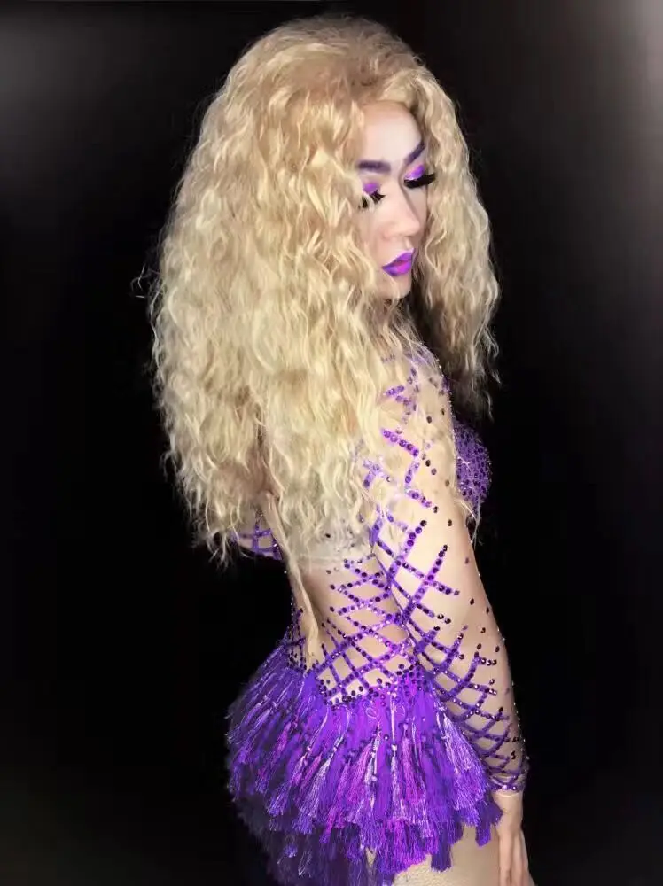Women New Sexy Purple Tassel Crystals Bodysuit Outfit Party Costumes Stage Wear Dance Nightclub Singer Rhinestone Bodysuit