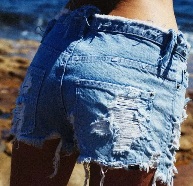 

Hot Summer New Sexy Beach Jeans Shorts Women Distressed Ripped Cotton Denim Shorts Fashion Tassel Hole Shorts with S-2XL Size