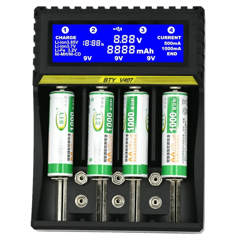BTY-V407 зарядное устройство для аккумулятора Li-ion Li-fe Ni-CD-плеер смарт-устройство для быстрой зарядки для 18650 26650 6F22 9V AA AAA 16340 14500 заряда батареи