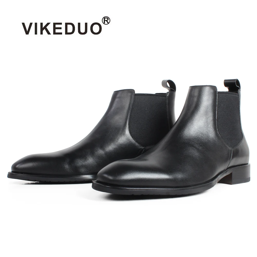 

VIKEDUO 2020 New Black Genuine Calf Skin Handmade Bespoke Men's Leather Boots Flat Autumn Driving Office Ankle Chelsea Boots MEN