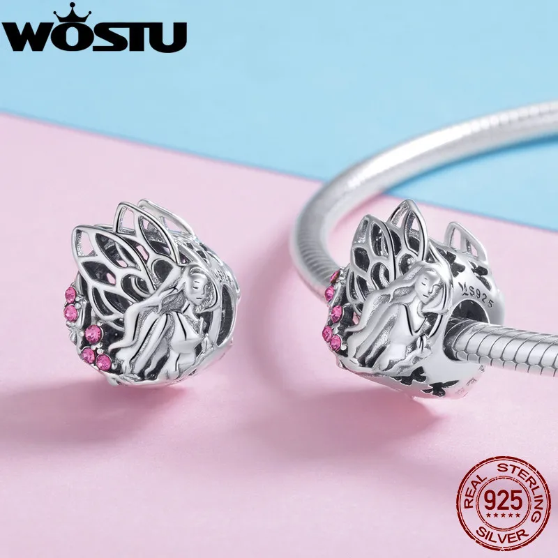 WOSTU Настоящее 925 пробы Серебряная Бабочка Фея Шарм шарик подходит DIY браслет кулон S925 серебряные ювелирные изделия подарок CQC921