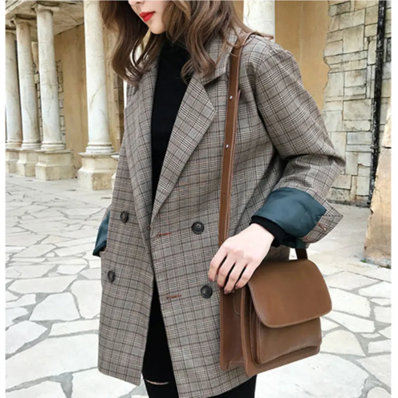 Женский клетчатый Блейзер сезон весна осень 2019 повседневная двубортная куртка с