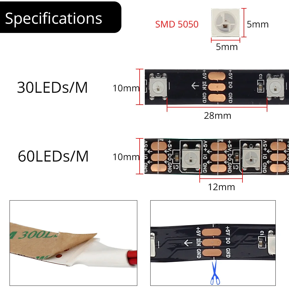1 M 2 M 3M USB кабель с WS2812B WS2812 светодиодные полосы, индивидуально адресуемых Smart цветных(RGB) светодиодных лент, ПХБ черного Водонепроницаемый амбилайт WS2812b RGB светодиодные ленты