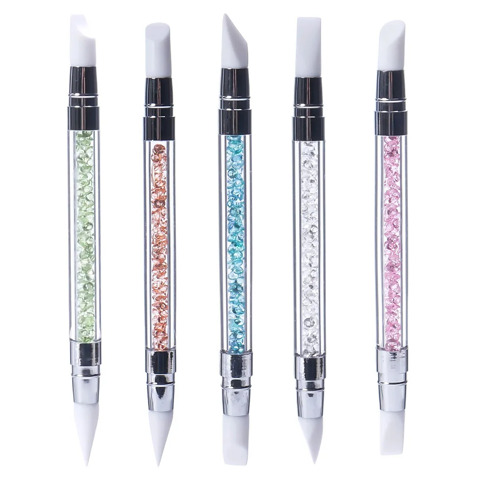 

5 color 2 Way Nail Art Sculpture Pen Brushes Soft Silicone Carving Craft Polish Rhinestone Handle Nail Art Brush Dotting Tools