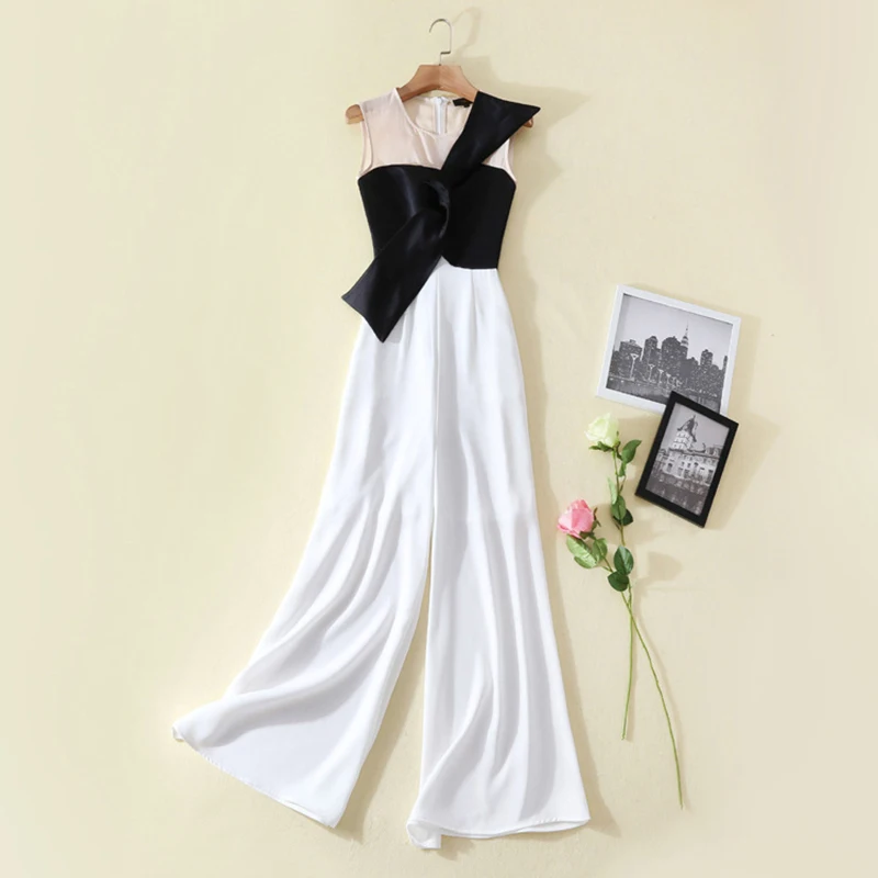 TWOTWINSTYLE Bowknot Jumpsuits For Women Sleeveless Patchwork Irregular Maxi Wide Leg Pants 2019 Summer Large Size OL Clothing | Женская