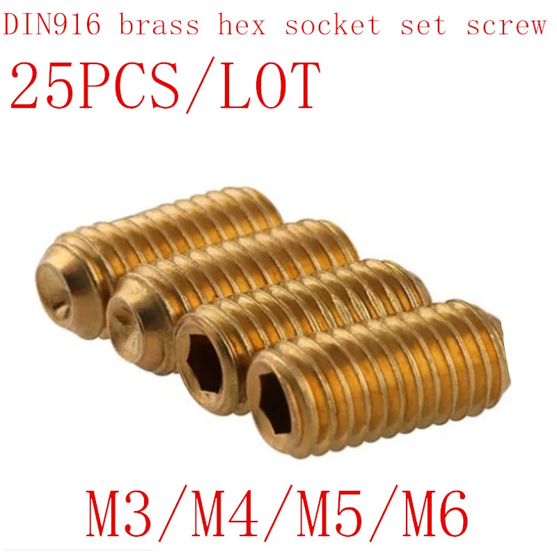 

25Pcs/Lot DIN916 M3 M4 M5 M6 brass Metric Thread Grub Screws cup Point Hexagon Socket Set Screws Headless