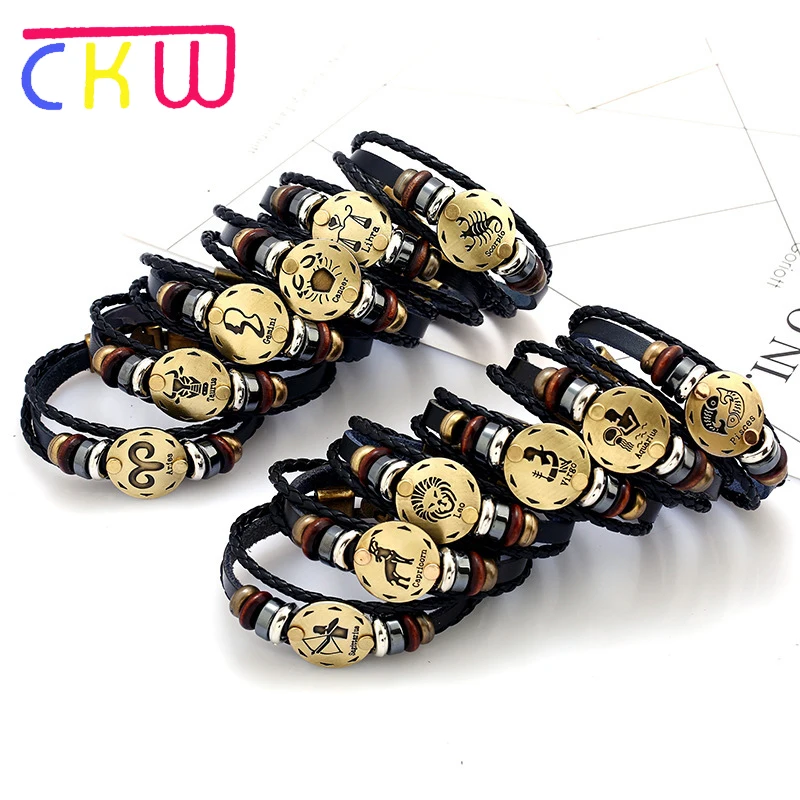 CKW Twelve Zodiac Man Leather Bracalete Vintage Zinc Alloy Unisex Charm Bracelets Mens Jewellery 2018 for Women | Украшения и