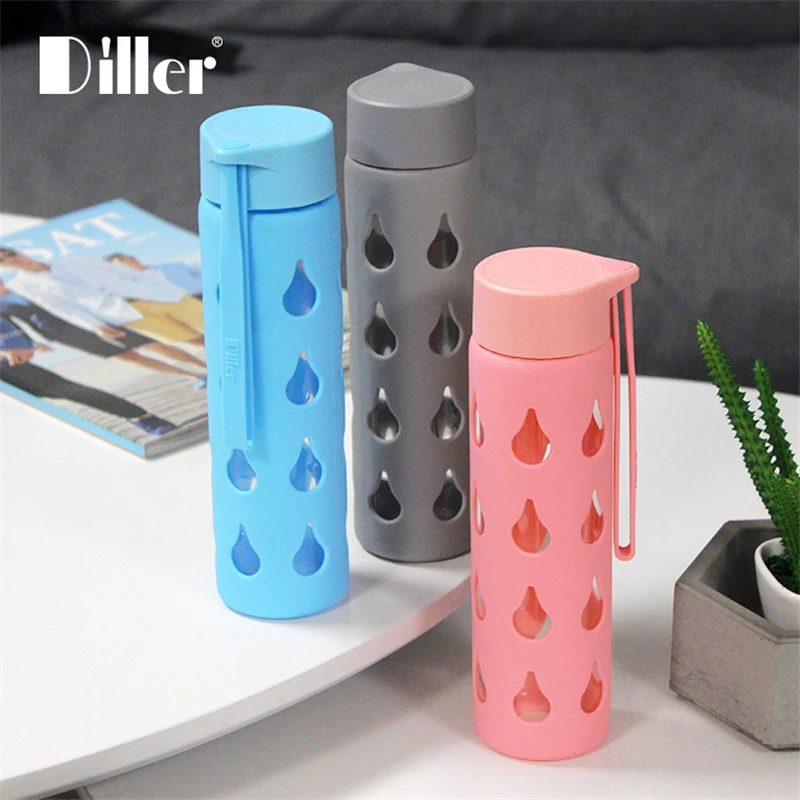 Diller 300/450 мл здоровая стеклянная бутылка для воды с силиконовым защитным модным