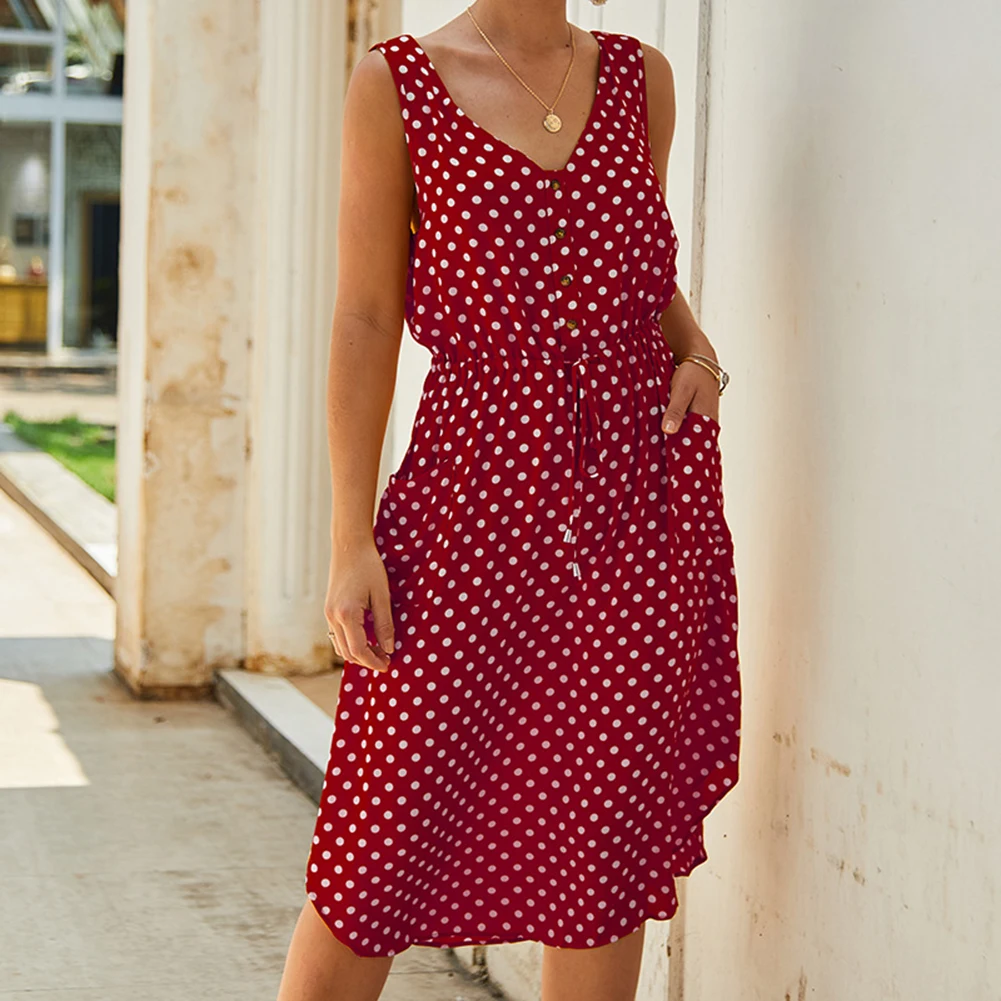 Женское винтажное платье в горошек без рукавов с v-образным вырезом повседневное