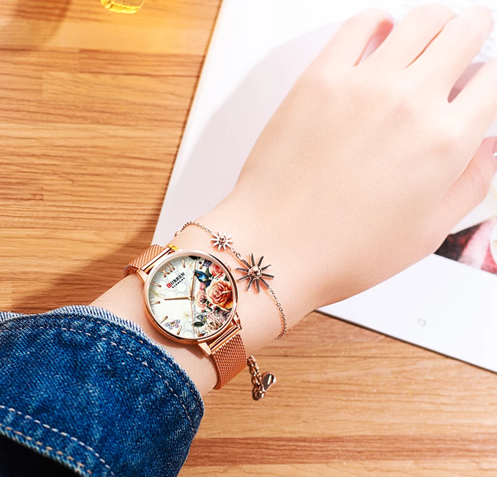 

CURREN Fancy Women's Quartz Watch Rose Gold Case Colorful Flower Mesh Steel Strap Ladies Relojes Mujeres Woman Watches Dropship
