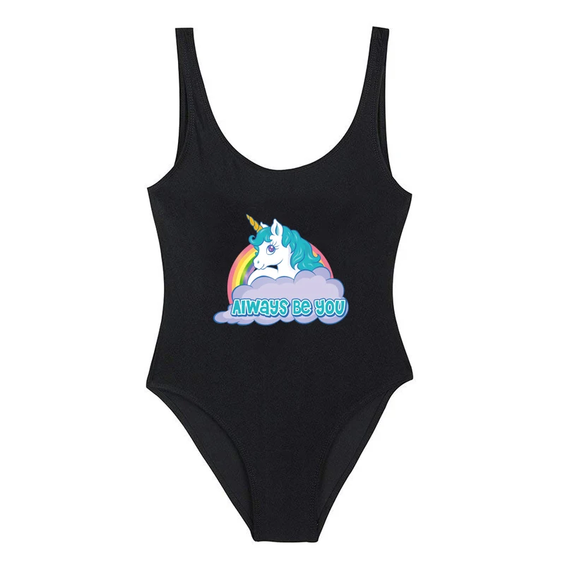 2019 сексуальный черный розовый цельный купальник женский милый Единорог принт