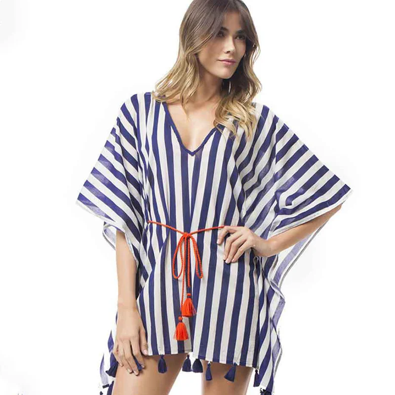 

Sexy Swimwear Women Beach stripe Pareo Bikini 2019 Cover Up Summer Beach Wear Cardigan Tassel Chiffon Loose Cover Ups