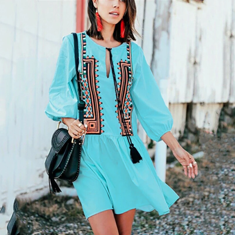 Bsubseach Ethnic Print Swimsuit Cover Up Lantern Sleeve Beach Dress Round Neck Sexy Women Holiday Wear Pleated Blouse XF19089 |