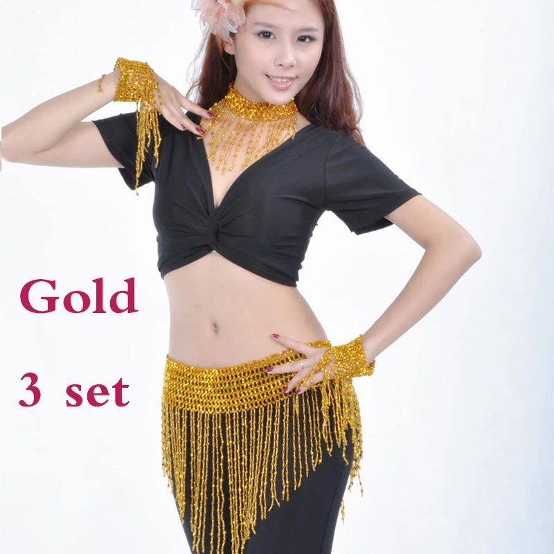 gold 3set Костюм для танца живота, аксессуары для бедер, женский танец живота, цепочка на талию, танец живота, талия, бисерная цепочка из бисера, танцевальная одежда для взрослых - Цвет: gold 3set