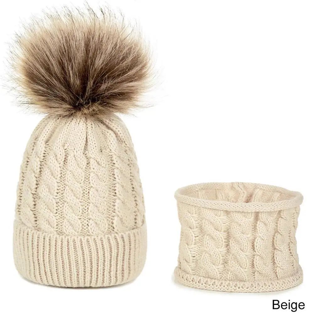 beige REAKIDS 2 шт./компл., подходит для новорожденных, детские зимние шапки+ шарф, костюм вязаная шляпа теплая шапка с помпоном Универсальная крышка для мальчиков и девочек - Цвет: beige