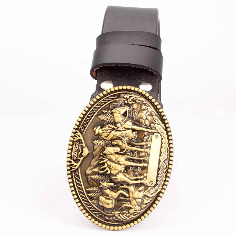 Ремень мужской из натуральной коровьей кожи с ковбойской пряжкой и золотым