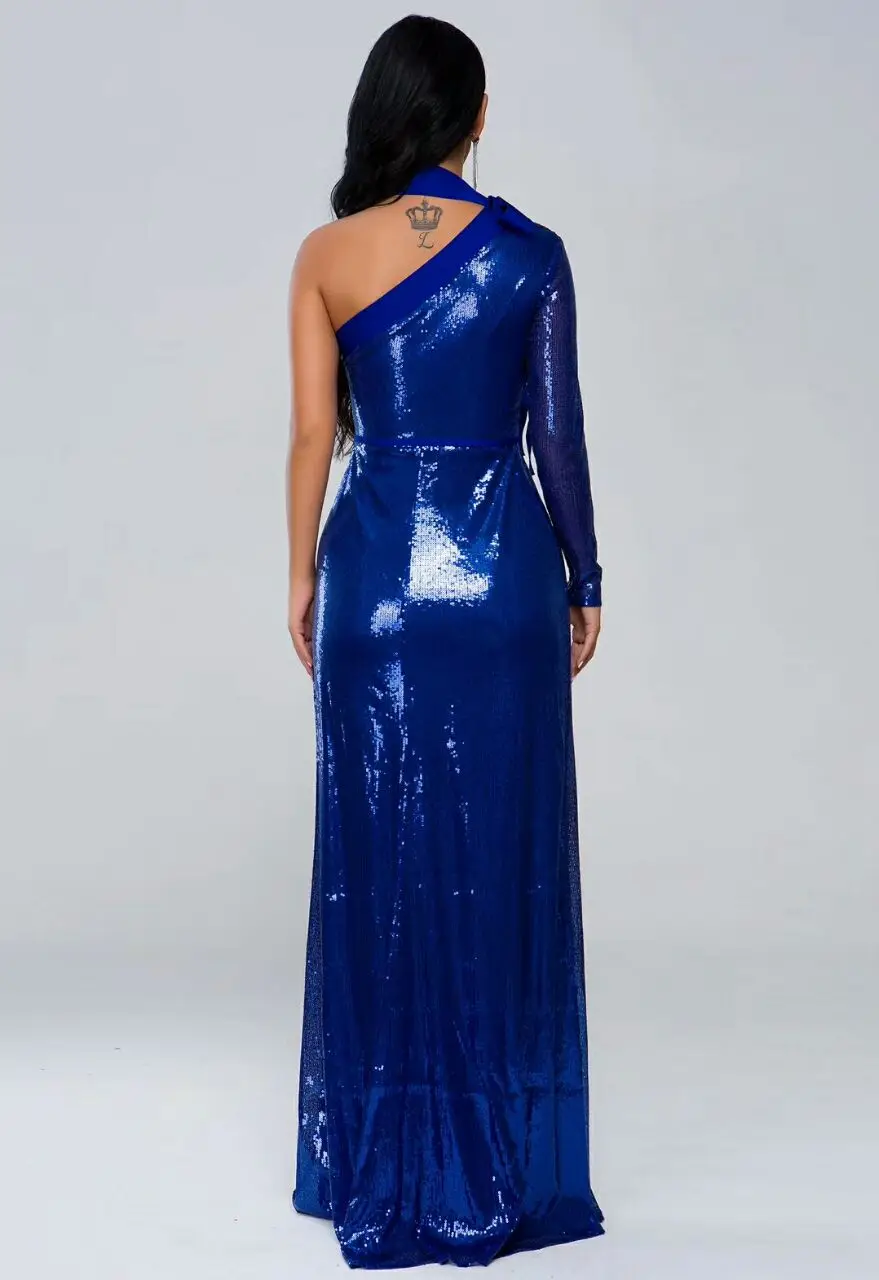 

2019 New Women blue Sequined O-Neck one shoulder Dress Bodycon Cut Out Sexy Celebrity evening Party Bandage Dresses