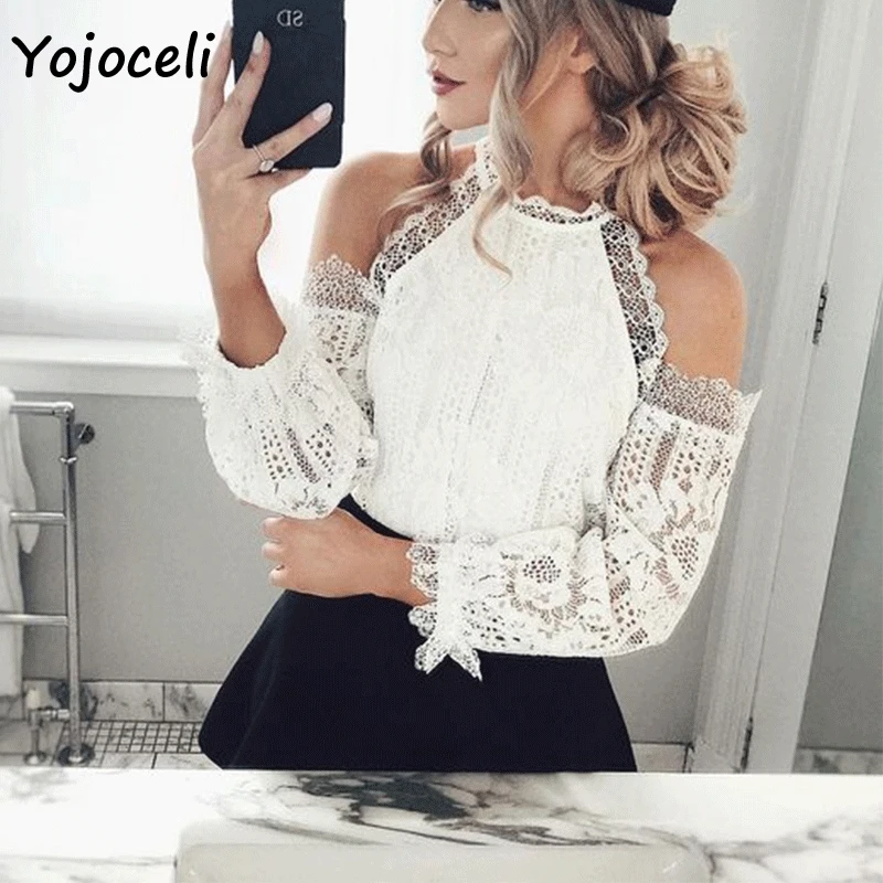 Женская кружевная блузка Yojoceli Пляжная с длинным рукавом и холодным плечом