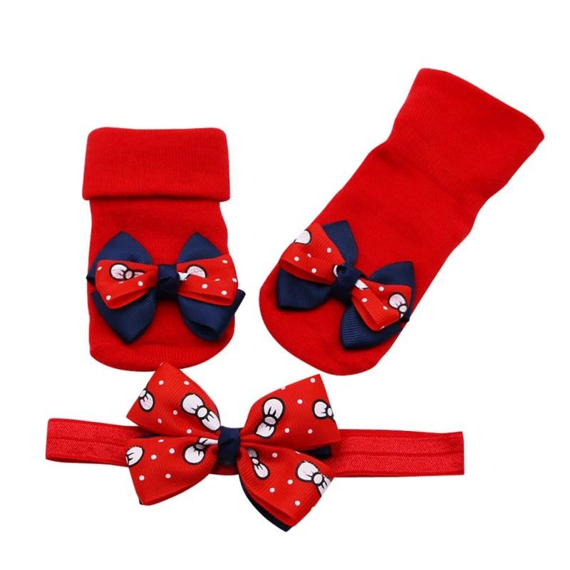 2PCS/Set Baby Socks For Girl Bebe Toddler Newborn Sock+ Bow Headband Infant Anti Slip Cotton Socks Glue Birthday Sock 0-1Years