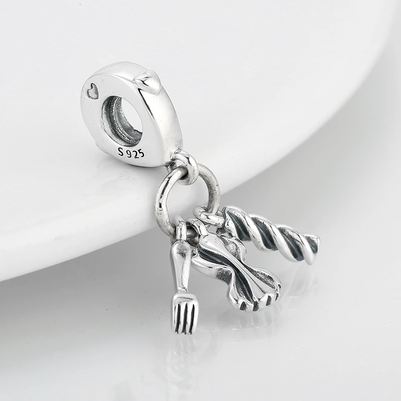 Real 925 Sterling Silver Cooking Spaghetti fine Pendants Beads Fit Original Pandora Charm Bracelet Bangles Jewelry making