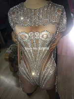 sexy full silver crystals sparkly jumpsuit outfit bodysuit nightclub crystals nude bodysuits costume female singer dance wear