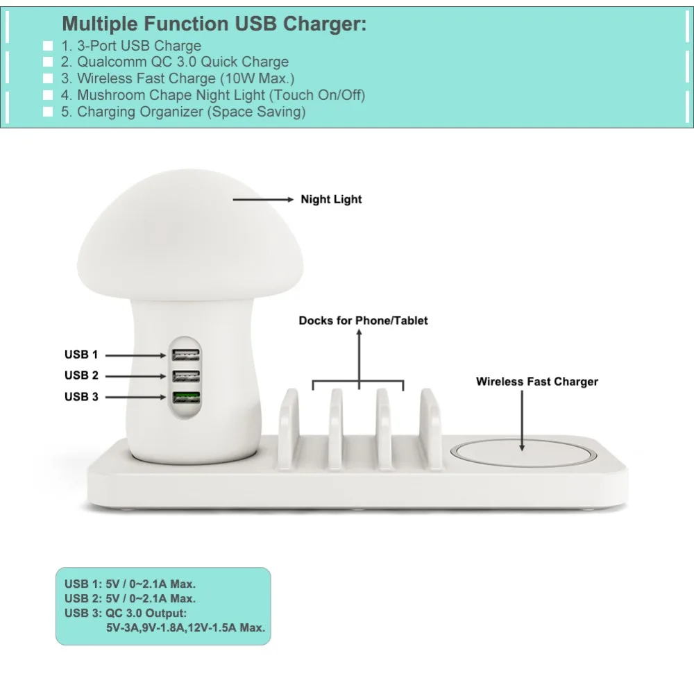 Несколько USB зарядное устройство для телефона, ночная лампа, зарядная станция, док-станция QC 3,0, быстрое зарядное устройство для мобильного телефона и планшета