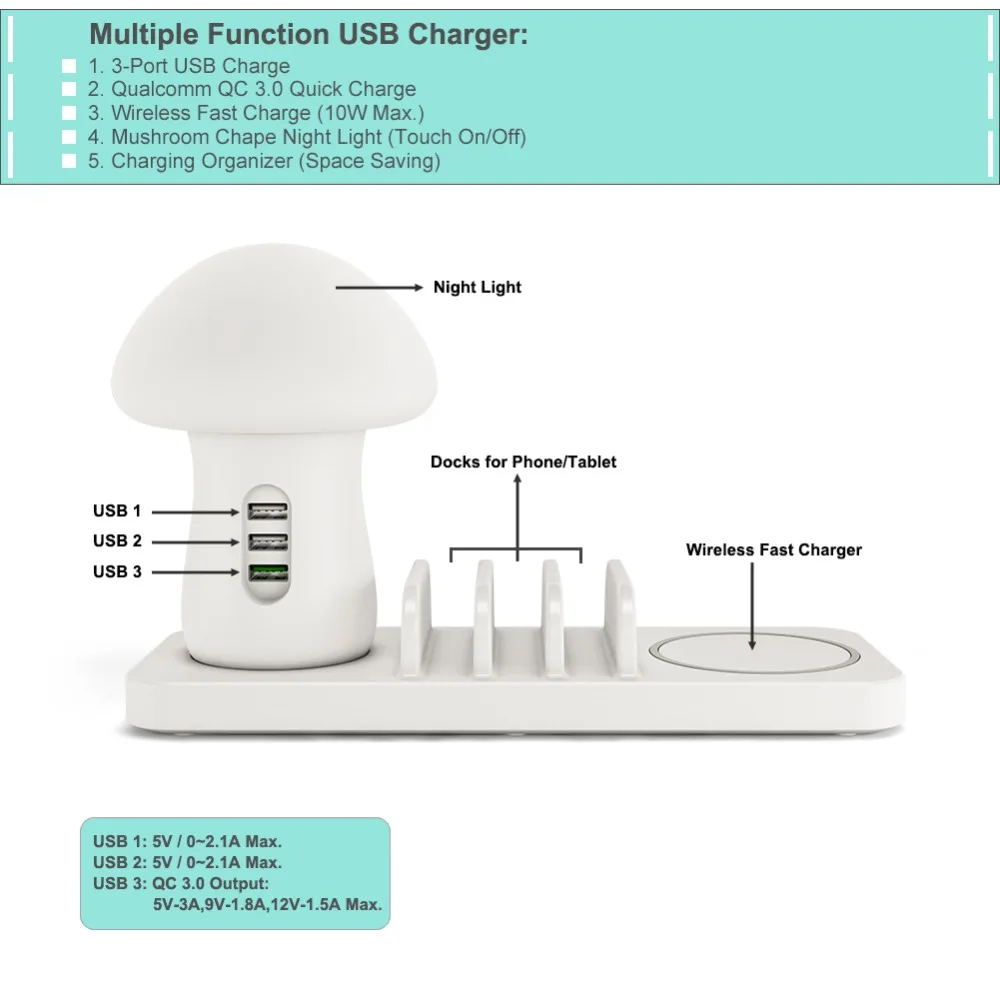 Несколькими портами USB для телефона Зарядное устройство Гриб ночника док