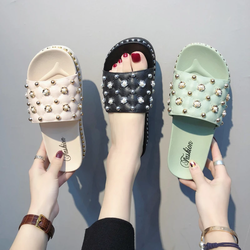 Летние шлепанцы сланцы Модные женские пляжные с жемчужинами сандалии без