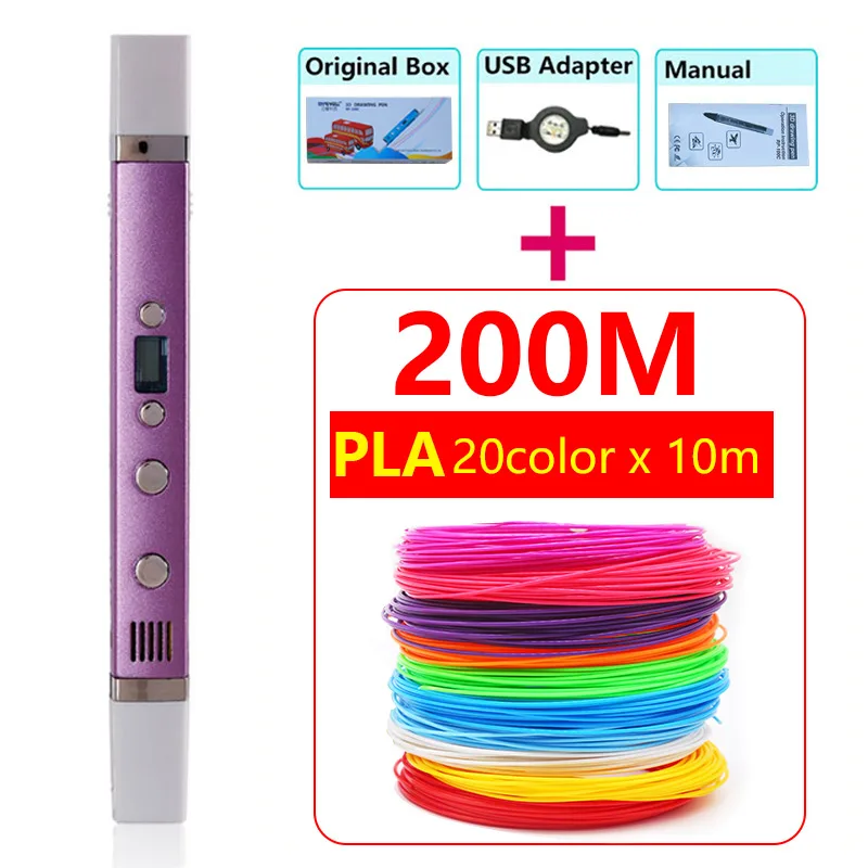 Purple pla200 Myriwell RP-100C использование pla abs pcl 1,75 мм нити 3d принтер ручка низкое напряжение безопасности металлический корпус USB 3d Ручка лучший рождественский подарок - Цвет: Purple pla200